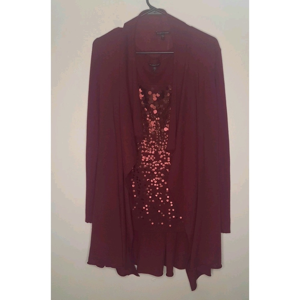 Eileen Fisher 100% Merino Wool Set Cardigan Sleeveless Top Small Burgundy Flaw